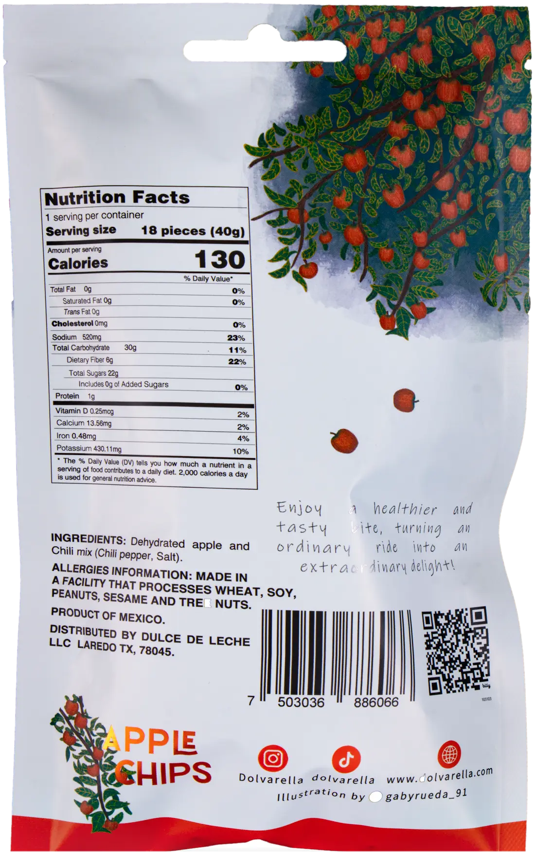 Reverso de la bolsa de ChiliApple con ingredientes e información nutrimental
