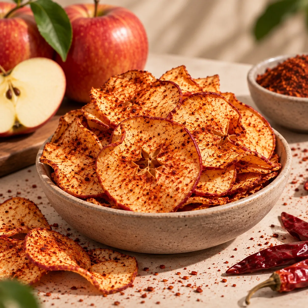 Tazón de chips de manzana deshidratada con chile, junto a manzanas frescas