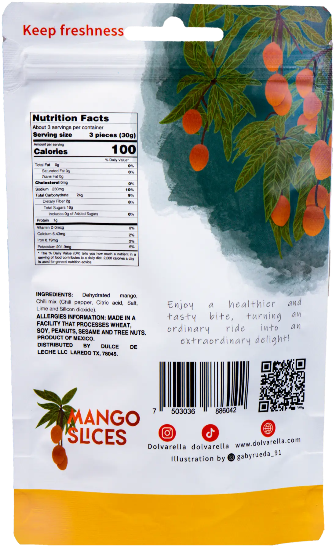 Reverso de la bolsa de ChiliMango con ingredientes e información nutrimental