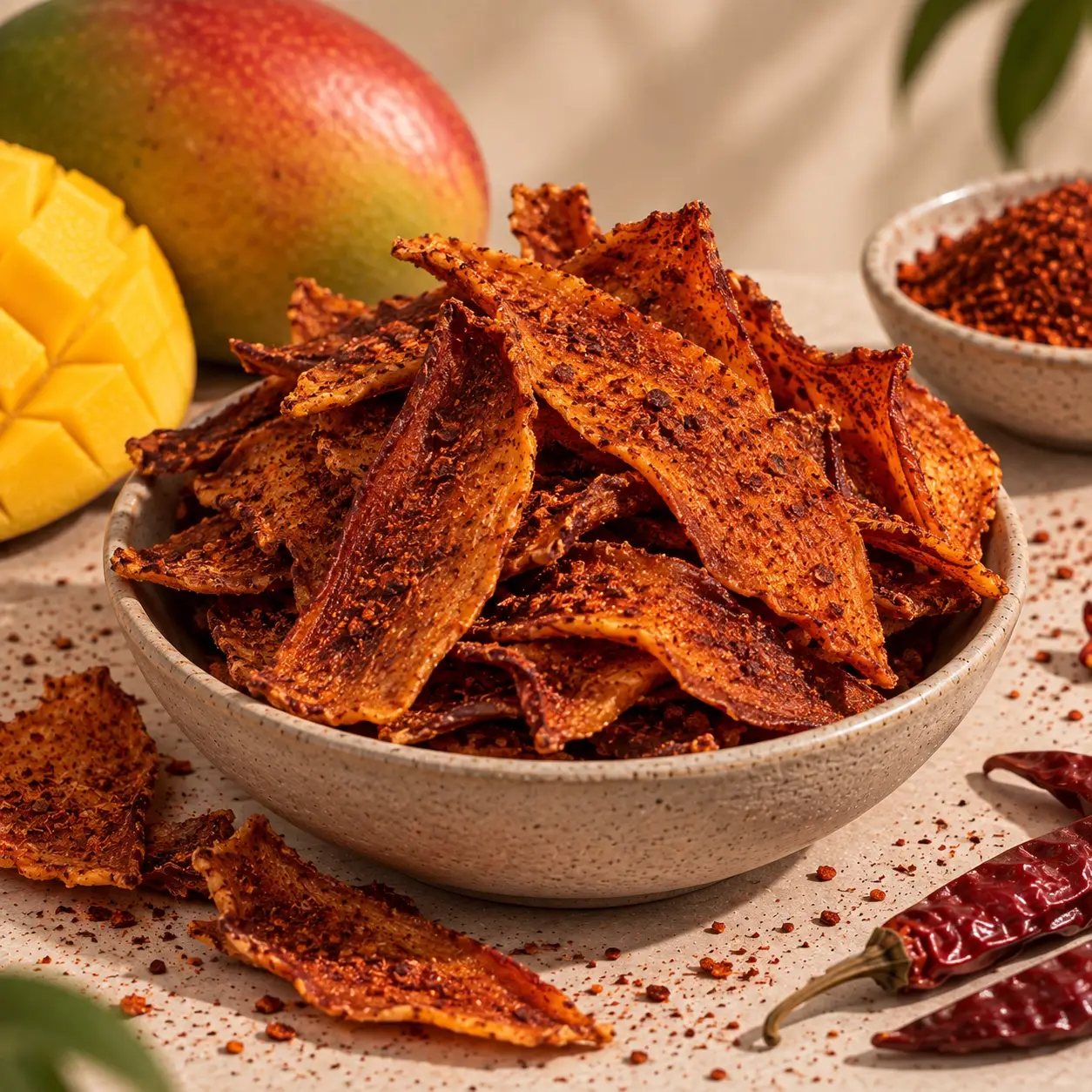 Rebanadas de mango deshidratado con chile servidos en un tazón