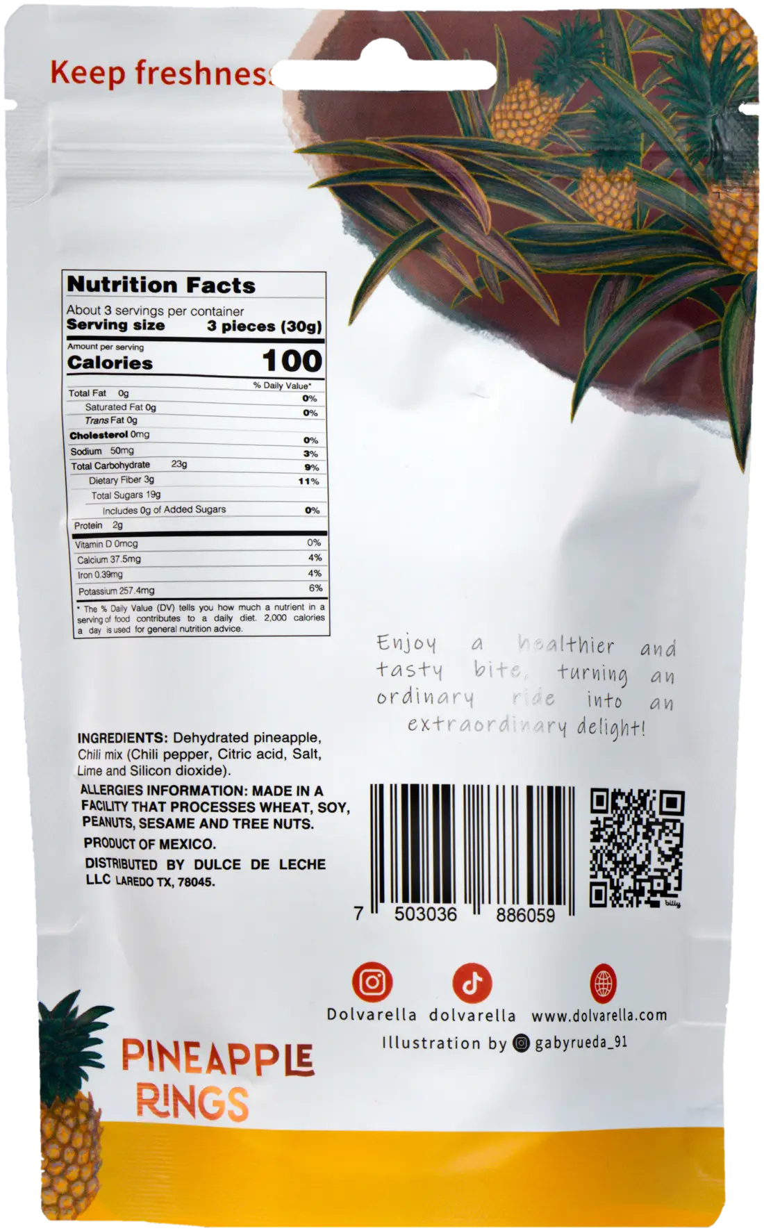 Reverso de la bolsa de ChiliPineapple con ingredientes e información nutrimental