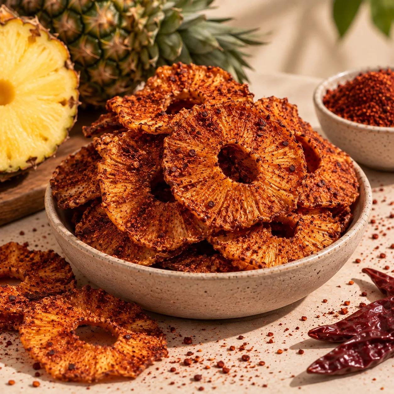 Tazón de anillos de piña deshidratada con chile, junto a una piña fresca partida