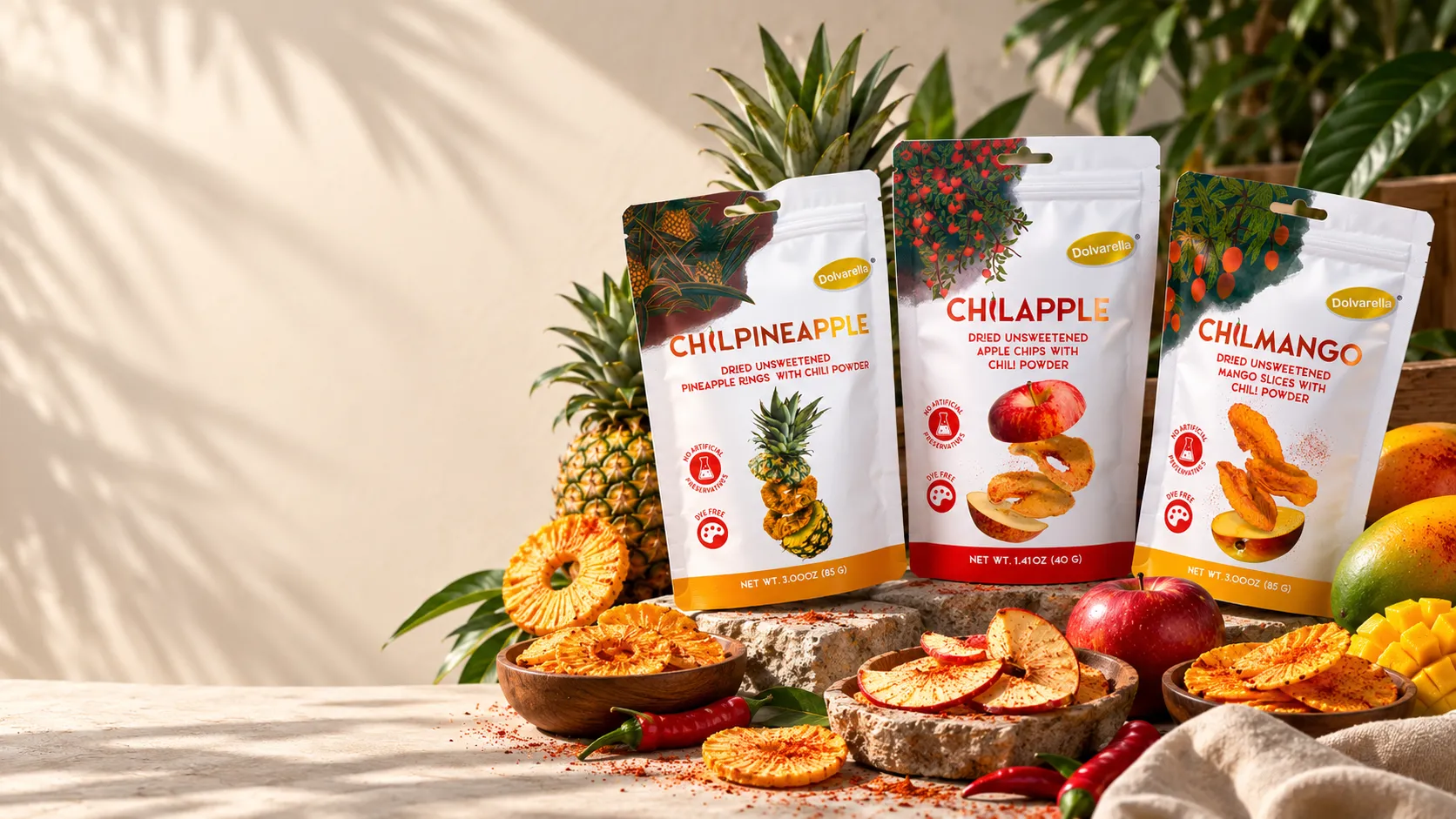 Las tres bolsas Dolvarella sobre piedra con fruta fresca, chiles y cuencos de fruta deshidratada